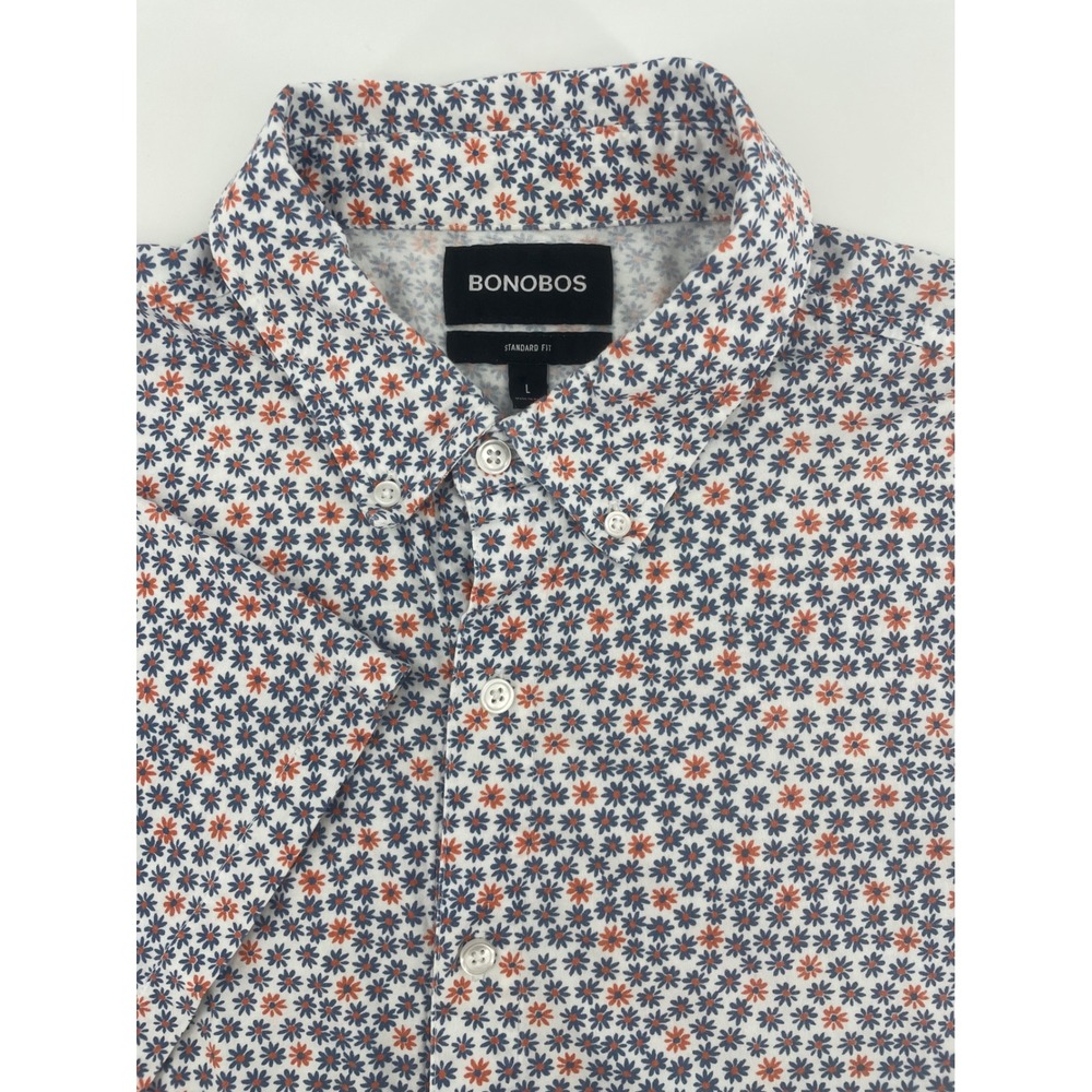 Bonobos Button Down Shirt Mens L White Blue Orange Floral Short Sleeve Standard
